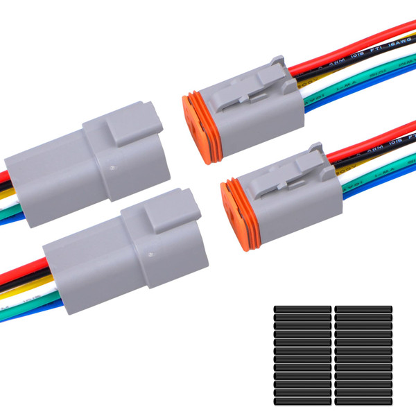 Exqutoo 2Pack 6-Pin Waterproof DT Connector Male and Female Wire Connectors with 16AWG 105℃ 600V Wires and Heat Shrink Tubes, Applicable for Automotive Electrical Connections