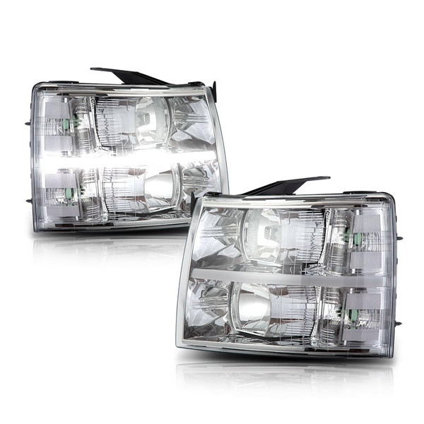 CHEDA LED DRL STRIP Headlights Compatible with 2007-2013 Chevy Silverado 1500 2500 3500 & HD (Clear lens Chrome Housing Clear Reflector) Headlamp Assembly Faros Conjunto De Faros
