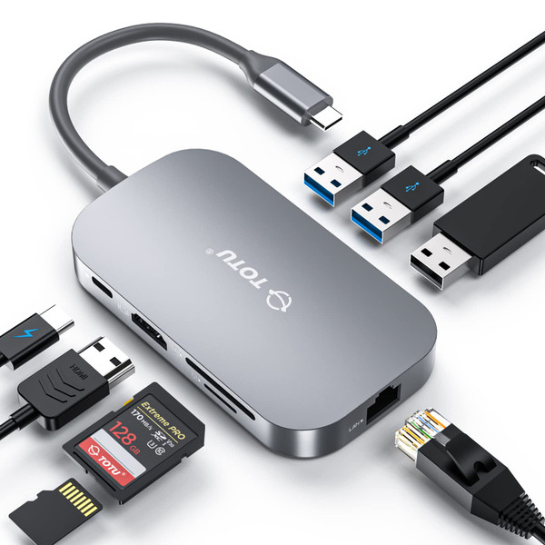 USB C Hub, 8-in-1 Type C Hub with 4K USB C to HDMI, Ethernet Port, USB-C Power Delivery (PD) Port, 2 USB 3.0 Ports, USB 2.0 Port, SD/TF Card Reader, Compatible with MacBook Pro Air and Type C Laptops
