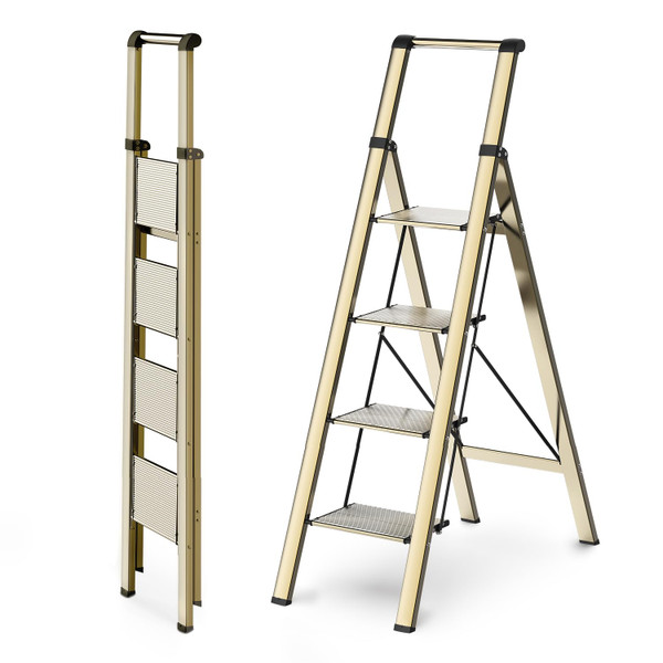 WOA WOA 4 Step Ladder, Ladders for Home, Anti-Slip Pedals, Aluminum Step Stool Foldable, Lightweight to Move, Ease of Storage, Reach 9ft for Closet Kitchen Library, Hold 300lbs - Gold