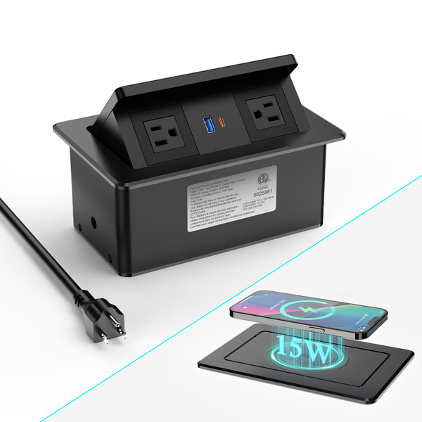 Pop Up Outlet for Countertop with 20W USB C, Pop up Power Outlet with 15W Wireless Charging, 2 AC Outlets and 18W USB A Ports, Recessed Power Strip with 6FT Cords for Office, Conference, Bedroom,Black