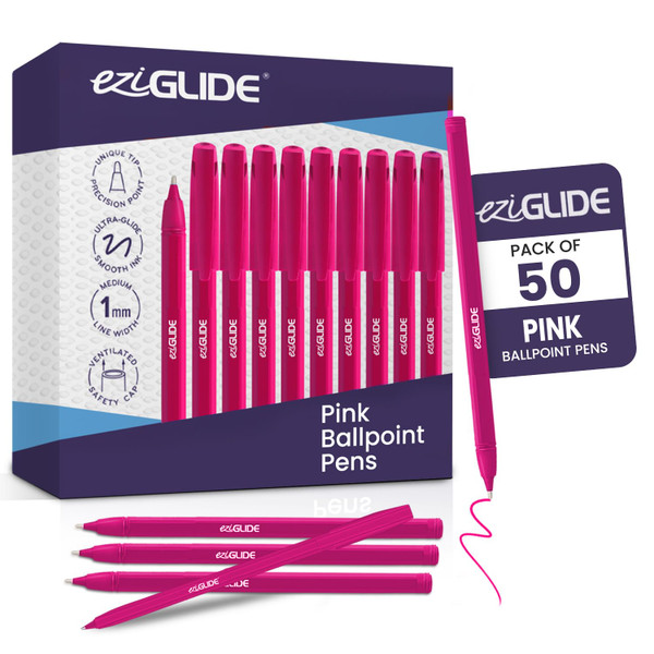 Eziglide Ballpoint Pens - Biro Pens Multipack with Medium Point (1.0mm) for Effortless, Smooth Handwriting & Consistent Flow (Pink, Pack of 50)