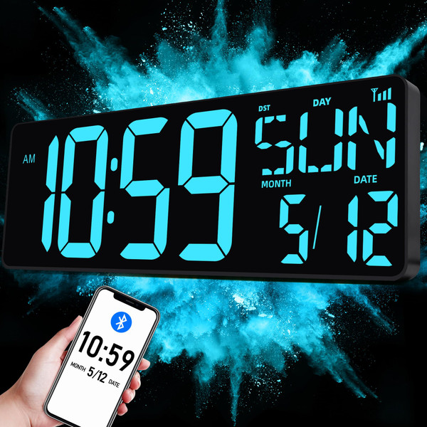 TXL 17.2" Large Digital Wall Clock Bluetooth Sync Time, LED Wall Clock with Date and Temperature, Count Up/Down Timer Clock with Remote Control, Adjustable Brightness Alarm Clock