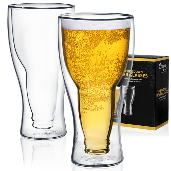 Dragon Glassware Beer Glasses - 13.5 oz Clear Double Wall Insulated Beer Glass Set of 2 - Upside Down Design - Holds One Full Bottle - Freezer Safe