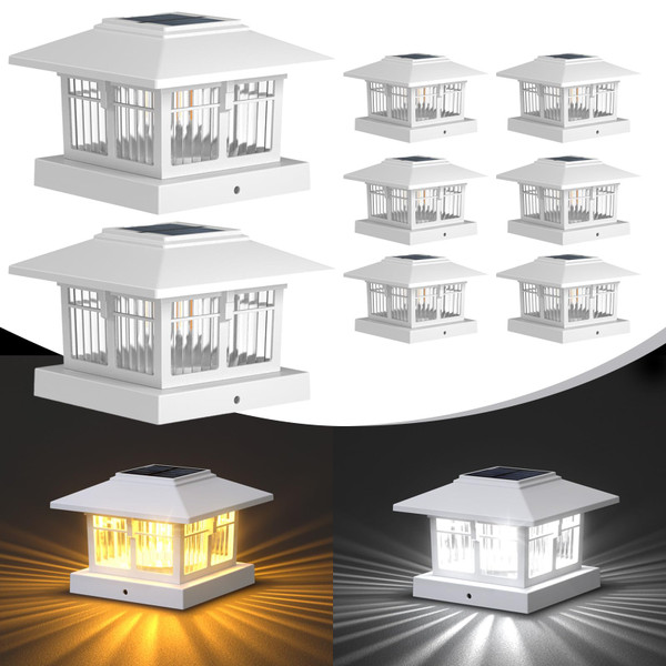 EXCMARK 4x4 Solar Post Cap Lights, 8 Pack Fence Deck Post Lights Outdoor Solar Powered Waterproof with Two Light Modes Warm&Cool White for Garden Patio Decor. (Classic White, 8)