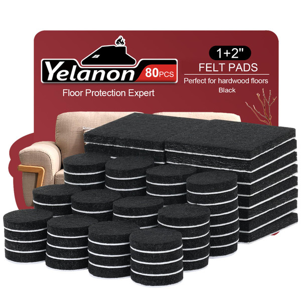Yelanon Felt Furniture Pads for Hardwood Floors -80 Pcs Premium Felt Pads for Chair Legs, Floor Protectors for Furniture, Black