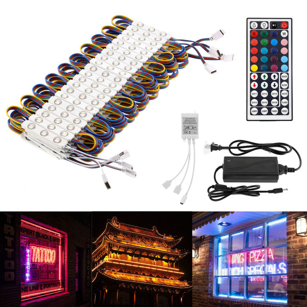 BEAMNOVA 50Ft Commercial RGB Storefront Light Kit for Business with Remote Control, 12v Power Supply Transformer, 100Pcs 3-LED Outdoor Adhesive Waterproof Strip Lights