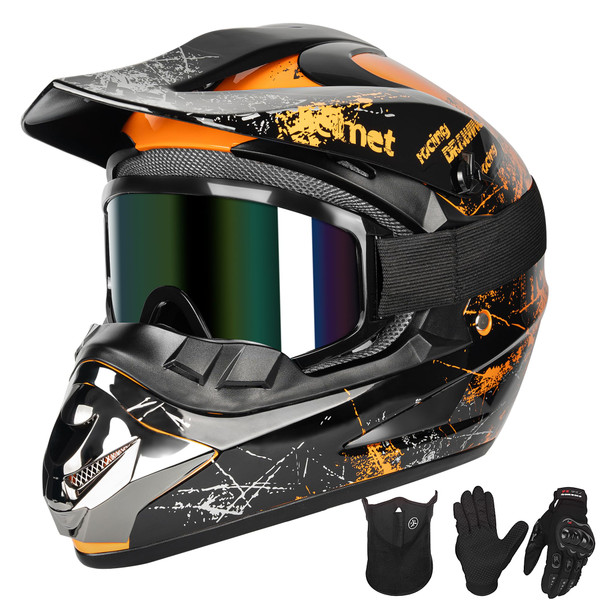 Yesmotor Youth Kids Motocross Helmet Full Face Motorcycle Dirt Bike Off-Road Mountain Bike BMX MX ATV Helmet with(Gloves Goggles Mask) 4Pcs Set - DOT Approved (Orange,M)