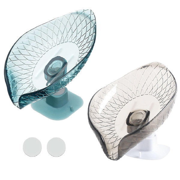 VDKIDKT 2 Pack Bar Soap Dish Self Draining Soap Holder with Drain for Shower Leaf Shape Soap Holder Sponge Container with Suction Cup for Bathroom Kitchen (Blue+ Gray)
