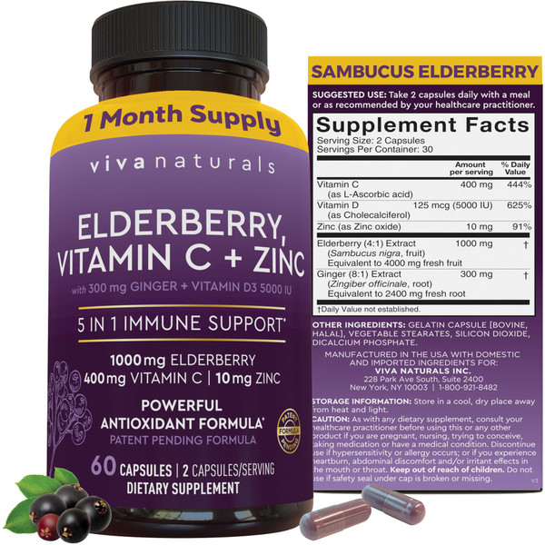 Viva Naturals Black Elderberry 1000mg with Vitamin C, D3 5000 IU & Zinc - 5-in-1 Immune Support Supplement for Adults, Sambucus Elderberry Capsules with Ginger for Men and Women, (60 Capsules)