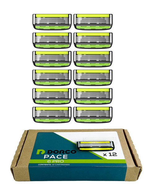 DORCO Pace 6 Pro - Six Blade Razor System with Trimmer - 12 Pack Refill (No Handle)