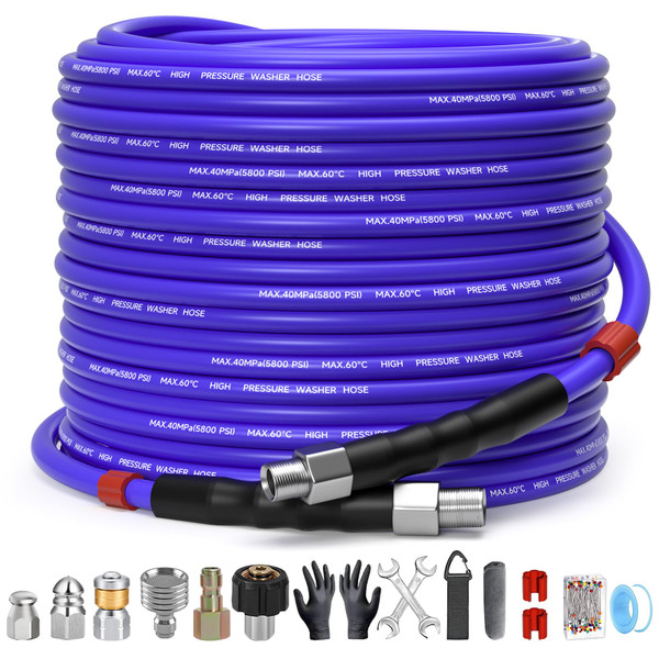TUTULUCK 100FT Sewer Jetter Kit for Pressure Washer 1/4" NPT Drain Cleaner Hose 5800PSI Corner Rotating and Button Hose Sewer Jetting Nozzle Pearl Corsage Pin Tape Handle Strap Spanner