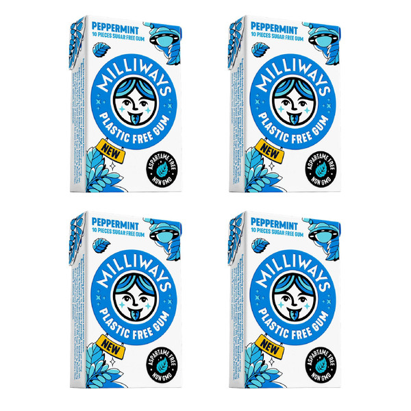 Milliways Peppermint | Plastic Free Gum | Xylitol, Aspartame-Free, Sugar-Free, Plant-Based, Natural Chewing Gum | 40 Pieces Total (4 Packs of 10 Pieces)