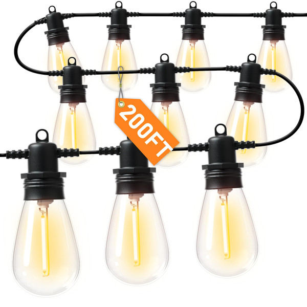 Jerritte 200FT LED Outdoor String Lights with 60 Edison Shatterproof IP65 Waterproof Bulbs, 2700K Dimmable Commercial Grade Patio Lights, Heavy Duty Outside Hanging Light for Garden Decor