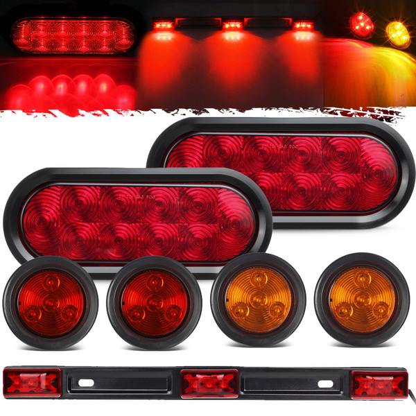 Partsam 12v LED Truck Trailer Light Kit Waterproof,2x 6 Oval Red Stop Turn Tail Brake Lights+14.17" Red 3 Light 9 LED Stainless Steel ID Light Bar+(2xRed+2xAmber) 2" Round 4 LED Side Marker Lamps