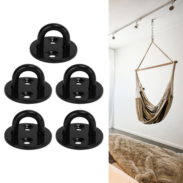 Tissting 304 Stainless Steel Pad Eye Plate Hook,Base Diameter 33mm/1.3in - 5 Pcs Round Heavy Duty Fixed Wall Mount Ring Hooks, Thickened Black Ceiling Mount Hanger U Shaped (33mm/1.3in)