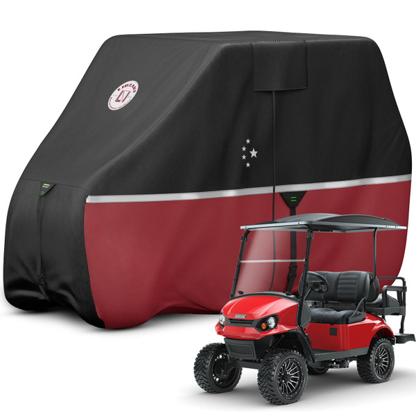 LI LIBZAKI 2+2/4 Passenger Golf Cart Cover Fits EZGO, Club Car, Yamaha, 420D Waterproof Windproof Sunproof Outdoor All-Weather Full Cover -Black/Red-L