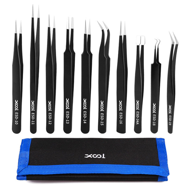 XOOL 10 PCS ESD Precision Tweezers Set, Anti-Static Stainless Steel Tweezers Kit for Electronics, Soldering, Craft, Jewelry, Model Building, Beauty