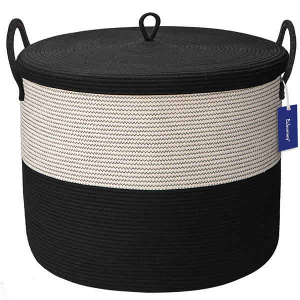 Echueuey 21" x 18"Extra Large storage baskets,Eco-friendly rope baskets with lid,blanket basket living room with lid,hampers for bedroom,big,round, Black 115L