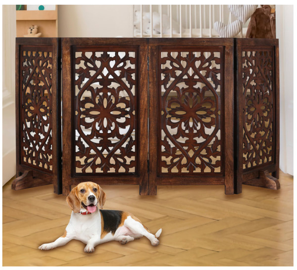 Free Standing Dog Gate – 4 Panel Foldable Wooden pet gate Indoor 56" W x 28" H, Hand-Carved Solid Wood & MDF, Portable Indoor Gate for Doorways, Halls, Stairs – Fully Assembled, Burnt Finish Free Standing Dog Gate – 4 Panel Foldable Wooden pet gate Indoor 56" W x 28" H, Hand-Carved Solid Wood & MDF, Portable Indoor Gate for Doorways, Halls, Stairs – Fully Assembled, Burnt Finish