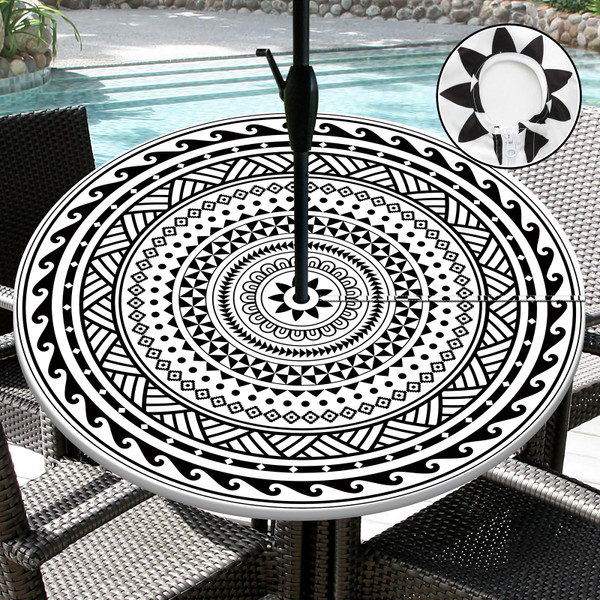 Butaluk Outdoor Tablecloth with Umbrella Hole Waterproof Abstract Tribal Round Fitted Tablecloth with Elastic Zippered Table Cloth Round Cover for Picnic, Camping,Party (48''-52'')