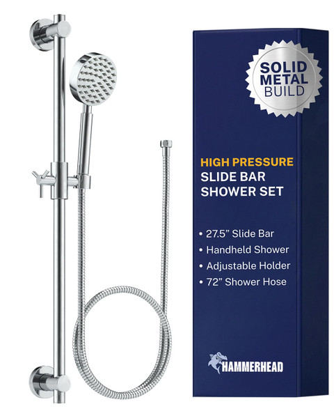 HammerHead Showers® Solid Metal 27.5 Inch Shower Slide Bar Set and Handheld Shower Head with Hose — CHROME — 2.5 GPM High Pressure Spray Wand — Easily Adjust Height & Angle of Handshower