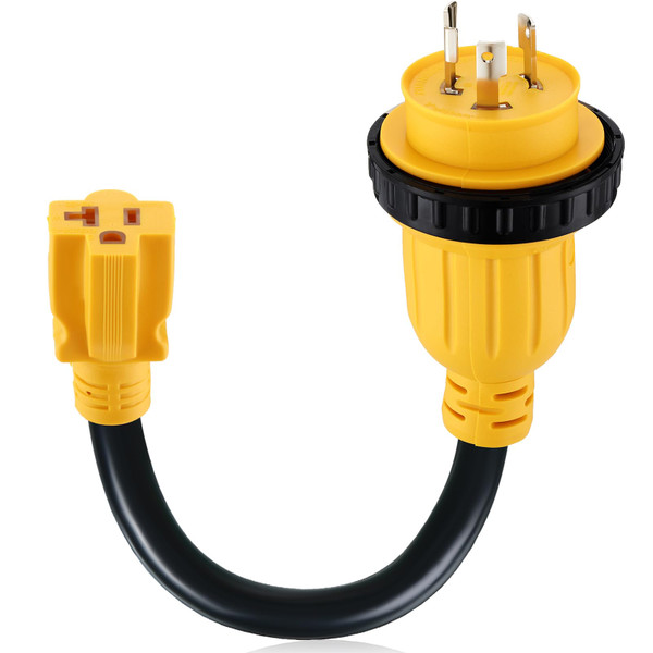 Kanayu 30 Amp to 15 Amp Marine Shore Power Adapter Extension Power Cord NEMA L5-30P to 5-15/20R 10AWG 30Amp to 20Amp T Blade Marine Plug 125V Household Outlet Pigtail Boat Adapter(1FT)