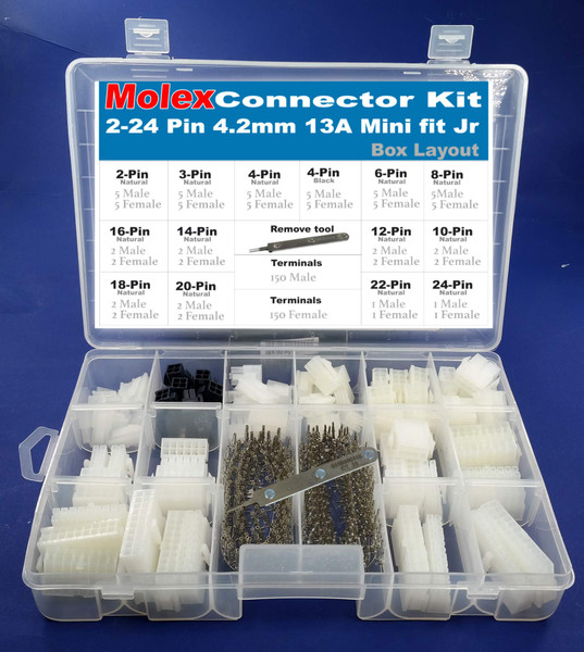 Molex Mini-Fit Jr 13amp, Terminals Size 18-24 AWG Connector Kit (389pcs (2-24 Pins) w/Tool)