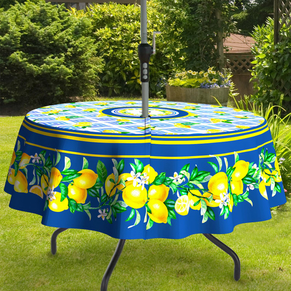bnhjsdw Blue Lemon Outdoor Tablecloth with Umbrella Hole for Round Table, Waterproof Lemon Patio Table Cloth with Zipper - 60 x 60 inches