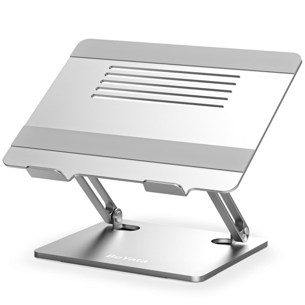 BoYata Laptop Stand, Adjustable Laptop Riser with Slide-Proof Silicone and Protective Hooks, Aluminum Notebook Stand for Laptop up to 15 Inches, Laptop Holder Compatible for MacBook (Silver-2)