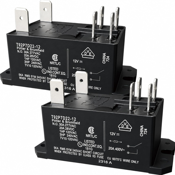 T92P7D22-12 Power Relay (2-Pack), 30A 12VDC DPST-NO 6-Pin, Compatible with TE Connectivity Potter & Brumfield - Replacement for HVAC, AC Condenser, Industrial Control & Water Heater