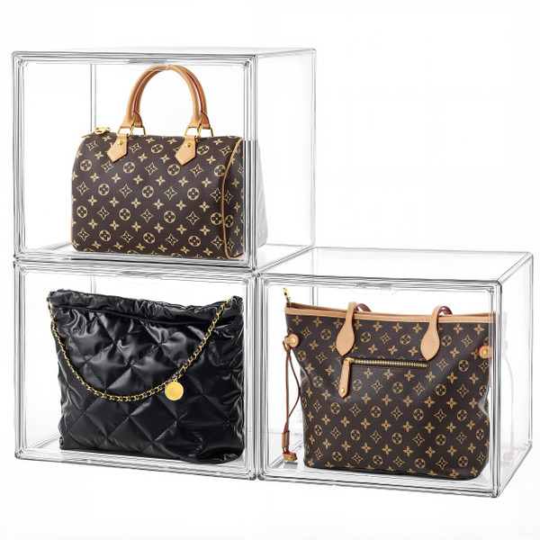 HBlife 3 Pack Purse Storage Organizer for Closet, X-Large Clear Stackable Handbag Display Case Box with Magnetic Door for Collectibles, Cosmetics, Women Heels and Toys