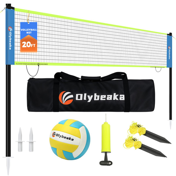 20FT Outdoor Volleyball Net Set System for Backyard Beach with Anti-Sagging Net, Iron Adjustable Height Poles, Soft PU Volleyball and Pump, Carry Bag - Instant Set Up & Durable (Blue and Green)