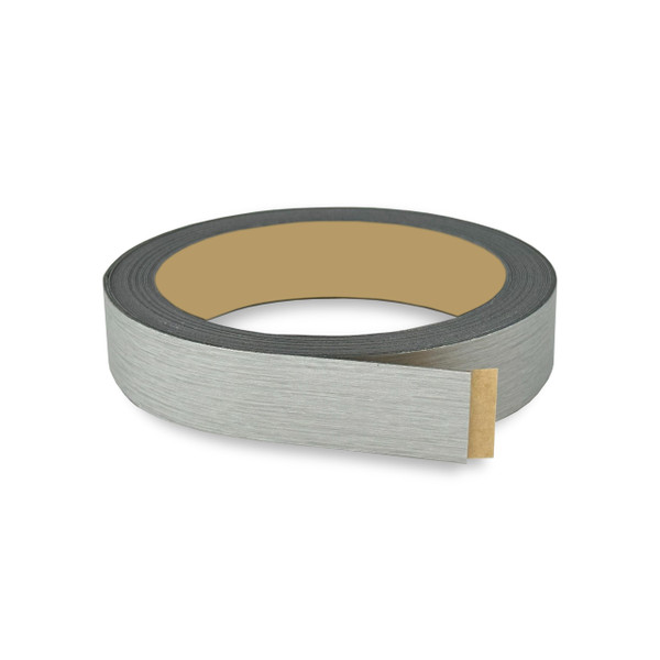 Brushed Silver PVC 7/8 inch x 25 ft Edge Banding Peel Stick Tape Adhesive Metal Edging Veneer Aluminum Trim Flexible Strip Molding Mdf Wood Cabinet Laminate Shelf Furniture Countertop Formica Plywood