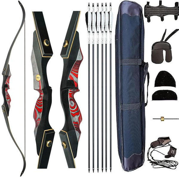 PMZ Recurve Bow and Arrow Set, Newset Professional Aldults Archery Hunting Bow Kit, 60'' Wooden Takedown Bow, for Youth Beginners to Advanced Outdoor Practice & Hunting, Right Hand, 50 lbs