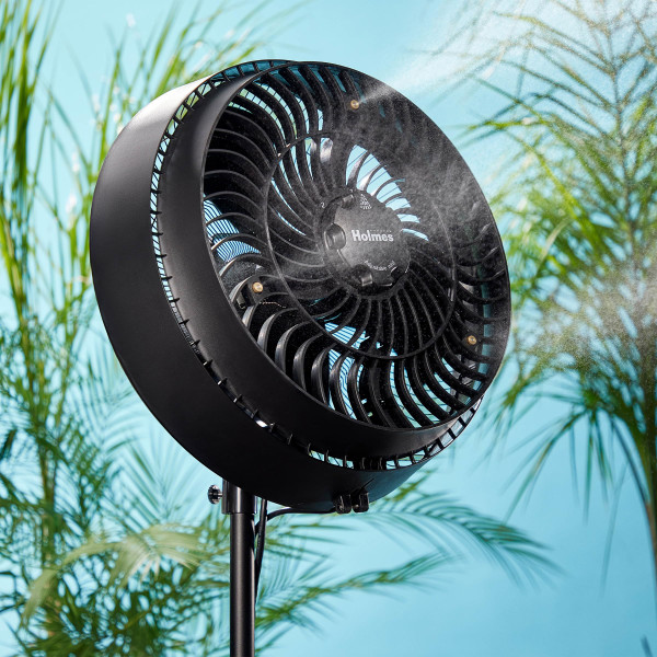 HOLMES 16" Outdoor Misting Stand Fan, Hose Connection, 3 Speeds, 3 Micro-Mist Levels, 80° Oscillation, Adjustable Height, 25° Head Tilt, GFCI Plug, Black