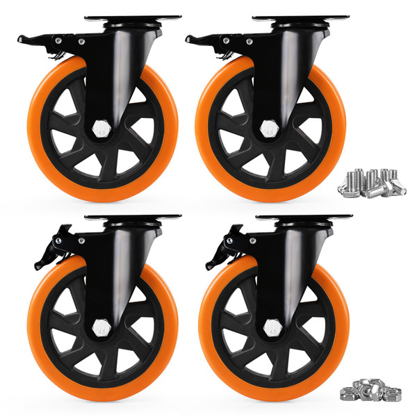 Caster Wheels, Heavy Duty 6 Inch Casters Set of 4, Locking Swivel Casters Wheels for Cart, Furniture and Workbench, Orange