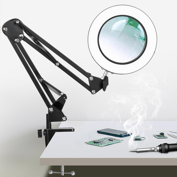KIRKAS 10X LED Magnifying Lamp with Clamp, Real Glass Lens, 3 Color Modes and Stepless Dimmable Magnifier Desk Lamp,Adjustable Swivel Arm Lighted Magnifying Glass for Repair Craft Close Work-Black