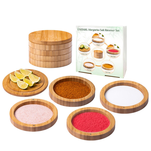 USEEKRIL 4-Tier Bamboo Margarita Salt Rimmer Set,Salt&Sugar Rimmer for Cocktails Drinks,Cocktail Glass Rimmer Tools with Magnetic Swivel Lid for Bartenders,Home Bar,Parties