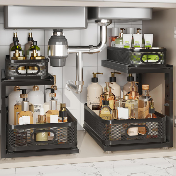 Corbyles 2 Pack Under Sink Organizer With Next-Gen Ball-Bearing Slides,2-Tier Precision Mesh Pull Out Cabinet Shelf Storage for Bathroom&Kitchen,Slide Out Drawers Height Adjustable,Rust-resistant