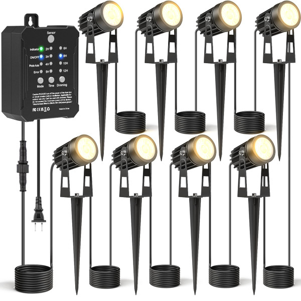 HIBOITEC Low Voltage Landscape Lighting with Transformer Photocell Sensor and Timer Spotlights Kit 68FT ETL Approved Wire Dimmable Waterproof 2700K for House Yard Trees Garden Plants Outdoor 8 Packs