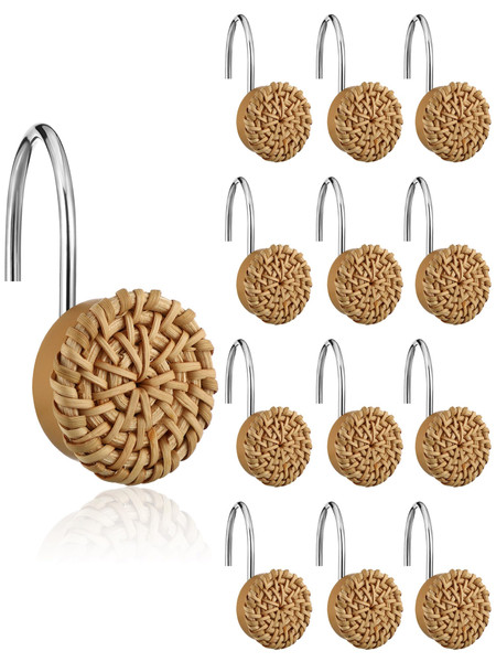 Colingmill 12 Pcs Boho Knots Shower Curtain Hooks Home Decorative Shower Rings Woven Wicker Ratten Decorative for Bathroom Farmhouse Curtain Hangers Accessories(Wood Color)