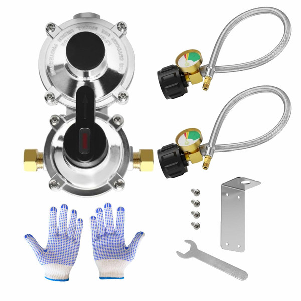 qieoyk RV Propane Regulator 2 Tank Hoses 2-Stage Auto Changeover Propane Regulator for RV Trailer with Two 18" Propane Stainless Braided Hoses with Gauge Camper Propane Regulator Dual Kit