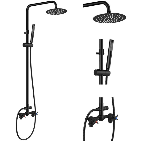 Aolemi Outdoor Shower Kit Outdoor Shower Fixtures Faucet System 2 Handle with 8 Inch Rainfall Shower Head and Handheld Sprayer Exposed Shower with Adjustable Height Shower Pipe Matte Black