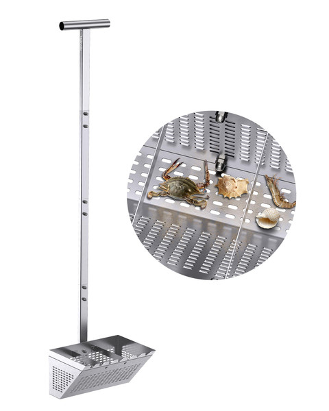 MUSVOH Sand Rake 47.5", Sand Rake for Beach, 11.2" Wide Trapezoidal Basket with 2 Supporting Stems& Teeth,Detachable Long Ergonomic T Handle, Stainless Steel