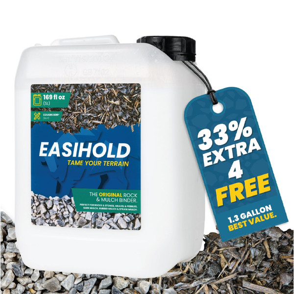 Easihold Gravel Binder 1.3 Gallon – Max Rock Glue for Pea Gravel & Stones. Long-Lasting Mulch Glue for Landscaping – Non-Toxic, Ready-to-Use Gravel Lockdown for Paths, Patios & Garden Borders