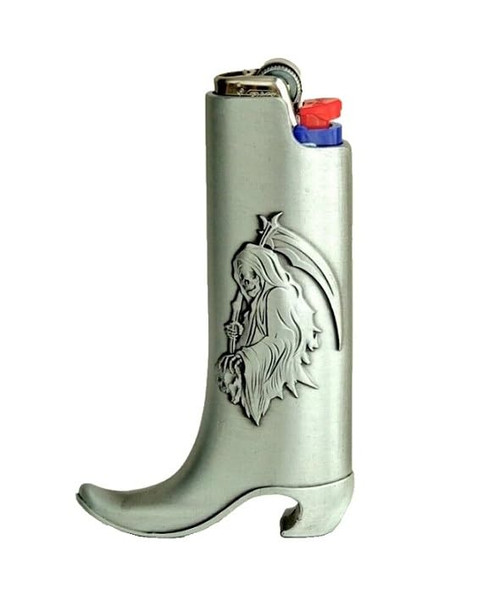 Retro Cowboy Boot Metal Lighter Case & Bottle Opener, Silver Grim Reaper Design, for Standard(J6) BIC Lighters by Katzone Retro Cowboy Boot Metal Lighter Case & Bottle Opener, Silver Grim Reaper Design, for Standard(J6) BIC Lighters by Katzone