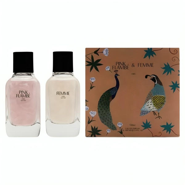 Zara Pink Flambé + Femme Glitter Perfume for Women Fragrance Set EDP Eau De Parfum 2x 100 ML (3.4 FL. OZ) Zara Pink Flambé + Femme Glitter Perfume for Women Fragrance Set EDP Eau De Parfum 2x 100 ML (3.4 FL. OZ)