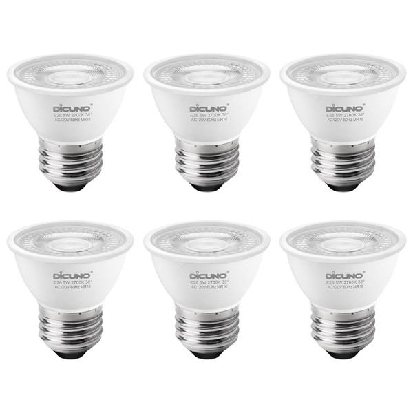 DiCUNO PAR16 LED Bulb Dimmable, 5W Short Neck Spotlight Bulb, 550Lumen, 38° Beam Angle, Warm White 2700K, 50W Equivalent E26 LED for Recessed Light, Curio Cabinet, Pack of 6