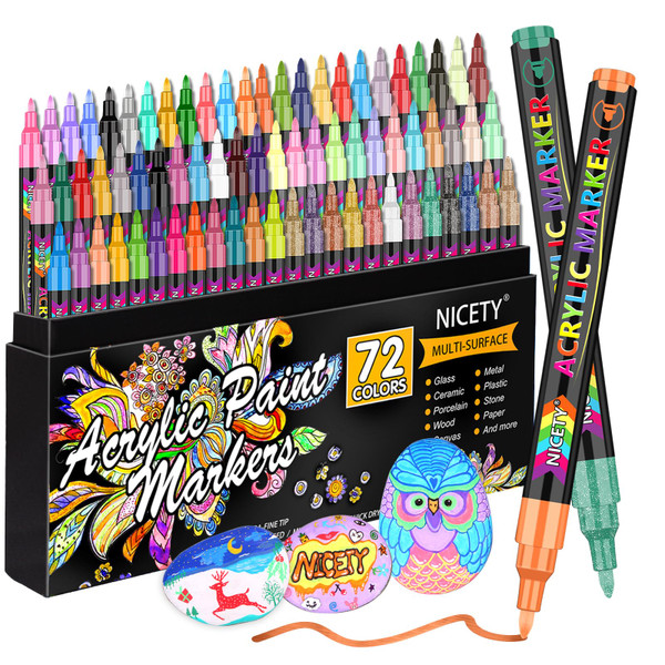NICETY 72 Colors Acrylic Paint Pens Paint Markers, Extra Fine Tip Point Acrylic Paint Pens for Rock Painting, Canvas, Wood, Ceramic, Glass, Stone, Fabric, Crafts & Art Supplies